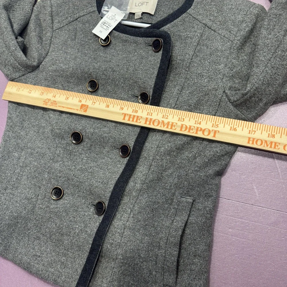 LOFT Double Breasted Jacket Womens XS Gray NEW Wool Blend Contrast Trim Military